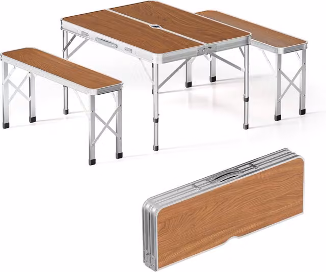 Mesa maleta de camping Wiltec con 2 bancos plegable efecto madera marrón An/P/Al: 90 x 66 x 70 cm
