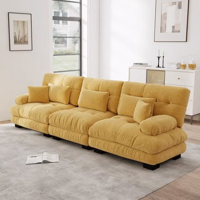 Sofá Esquinero Modular de 3 Plazas KELLANY con Función de Sofá Cama, Tapizado en Chenilla, Color Amarillo