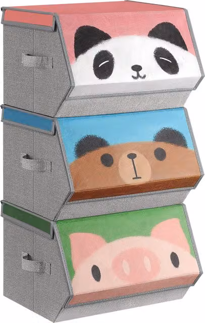 Juego de 3 cajas de almacenaje infantiles SONGMICS plegables y apilables con tapa magnética y asas, colores rosa, azul, verde y gris
