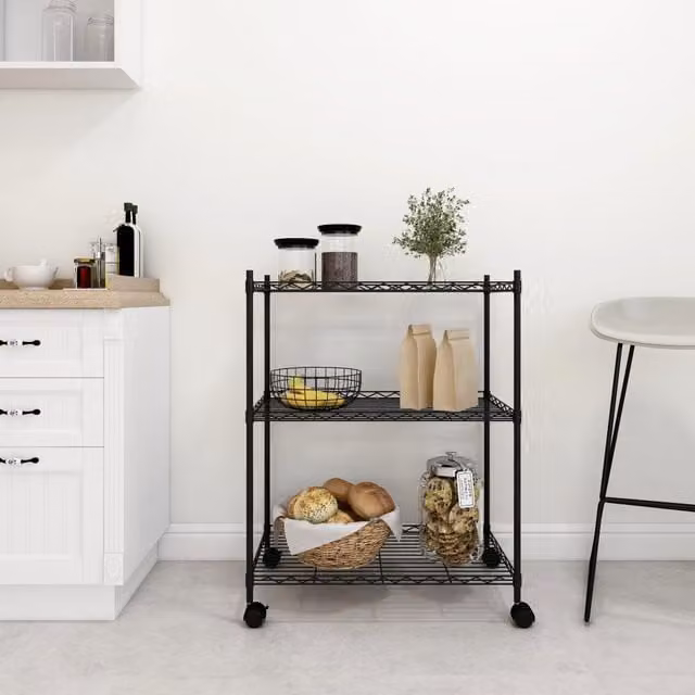 Estantería de 3 niveles con estantes ajustables y ruedas de metal negra vidaXL An/P/Al: 60 x 35 x 81 cm