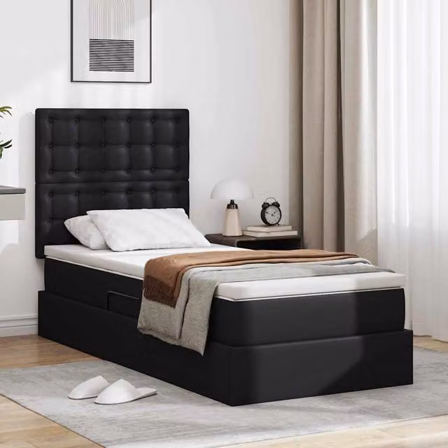 Cama con almacenamiento y LED Maison Exclusive en cuero sintético negro, An/P/Al: 90 x 190 x 128 cm