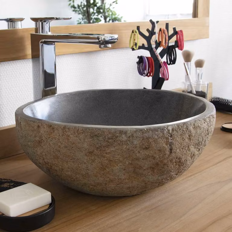 Lavabo de sobreponer Ocean Line de piedra natural marrón con acabado mate y forma redonda