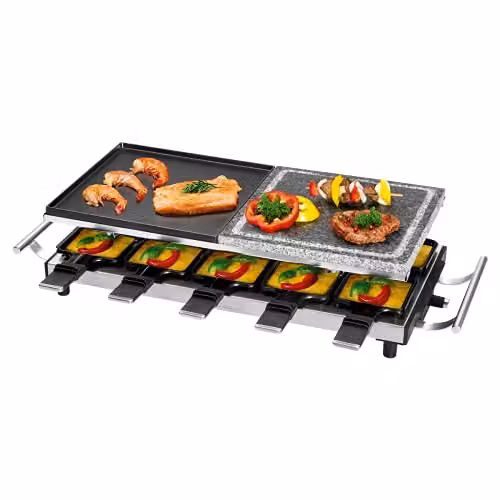Parrilla de raclette ProfiCook 2 en 1 PC-RG 1144 de acero inoxidable color plata con placa de piedra natural y placa de parrilla, 1700 W, para 10 personas
