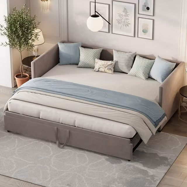 Sofá cama con cama nido NAHILIMI en terciopelo gris con estructura metálica y somier de lamas, An/P/Al: 180 x 200 x 74 cm