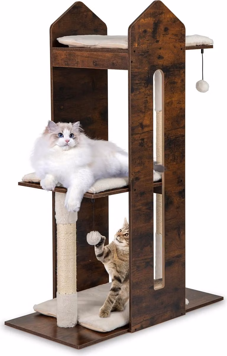 Rascador para gatos Northix con postes de sisal y juguetes integrados, color marrón, Altura: 120 cm, Ancho: 40 cm, Profundidad: 40 cm