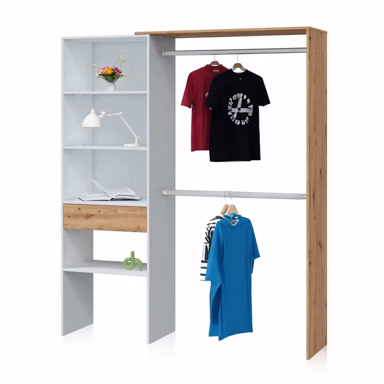 Armario vestidor funcional Ezra de DUEHOME en blanco soft y roble nodi, An/P/Al: 158 x 40 x 187 cm