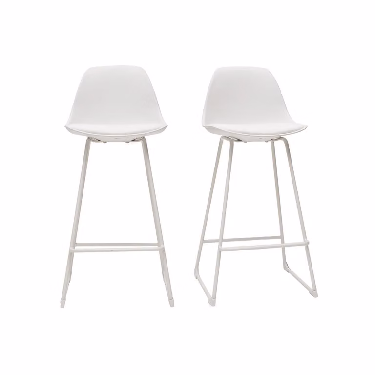 Set de 2 taburetes de bar modernos FRANZ en color blanco con patas de metal y asiento de piel sintética, Altura: 66 cm