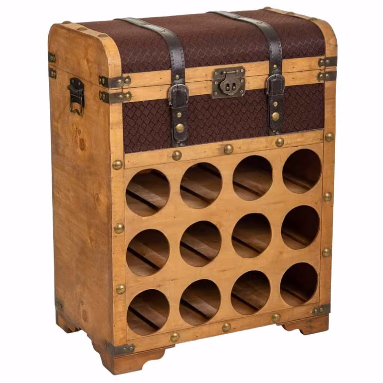 Baúl botellero vintage Wanderlust deco de madera y metal en color marrón con diseño geométrico y acabado mate