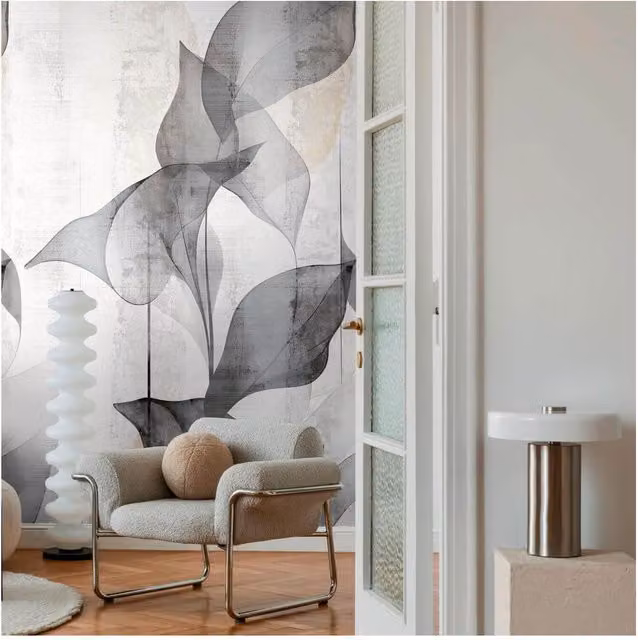 Fotomural Profhome 791449 Papel Pintado Vinílico con Ornamentos Florales Mate en Gris, Blanco y Beige, An: 1,59 m x Al: 2,8 m