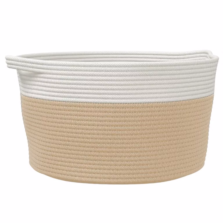 Cesta de almacenaje de algodón vidaXL en beige y blanco con asas, plegable, Ø40 x 25 cm