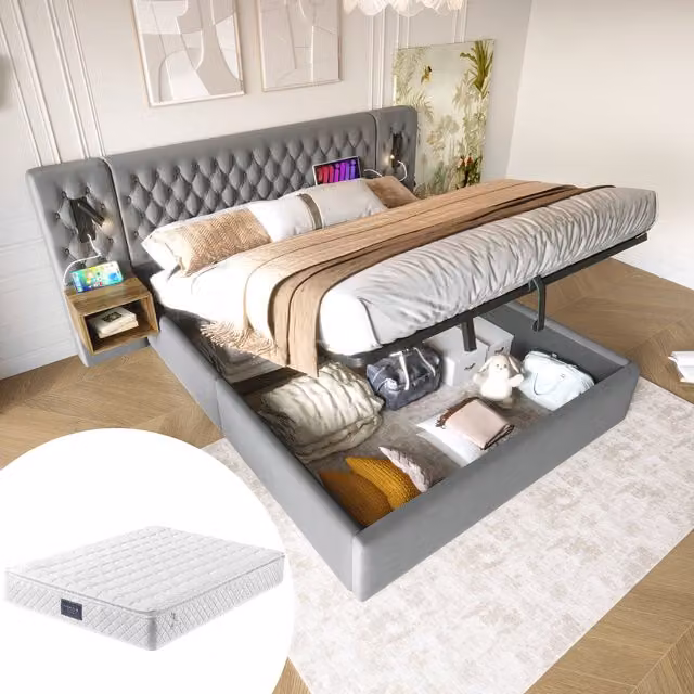 Juego de dormitorio Kellany con cama doble tapizada en terciopelo gris, almacenamiento hidráulico, cabecero con luz de lectura y puerto de carga USB, incluye 2 mesitas de noche, An/P/Al: 160 x 200 x 105 cm