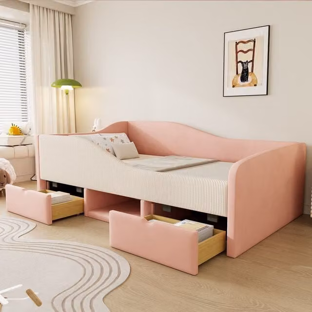 Cama infantil DREAMMESPACE de terciopelo con 2 cajones y barras para colgar, color rosa y blanco crema, An/P: 90 x 190 cm