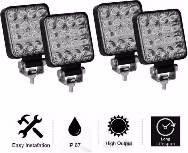Juego de 4 luces de trabajo LED ODIPIE de 48W, 16 LEDs de alta intensidad, color blanco frío 6000K, resistencia IP67 y diseño de 3 pulgadas en color negro para vehículos todoterreno