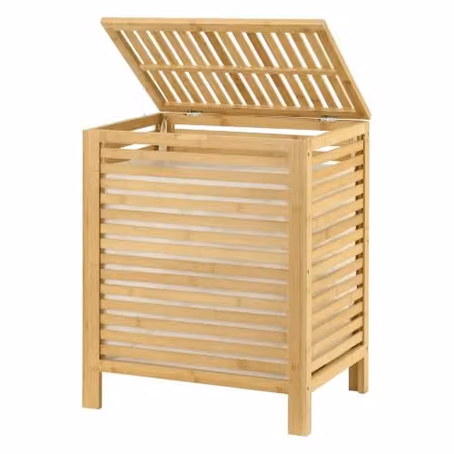 Cesta de lavandería con tapa y bolsa extraíble de bambú y algodón en color beige y multicolor de HELLOSHOP26, capacidad 65 litros, An/P/Al: 35,5 x 50,5 x 60 cm
