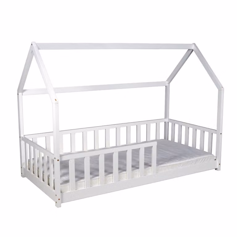 Cama infantil de madera con estructura de casa y colchón de Weber Industries, color blanco, 90 x 190 cm