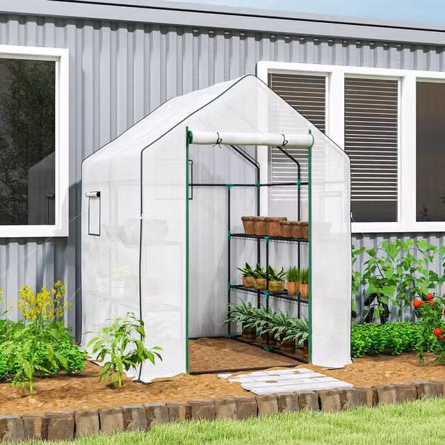 Invernadero de exterior Outsunny con 3 niveles, 6 estantes, ventanas y puerta enrollable, estructura de acero y cubierta de plástico, blanco, An/P/Al: 140 x 143 x 190 cm