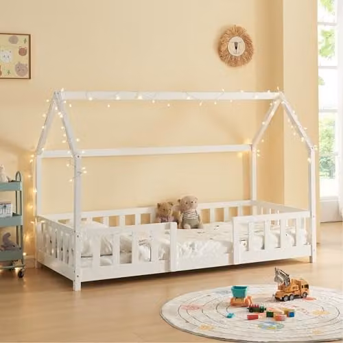 Cama infantil Sisimiut de en.casa fabricada en madera de pino con forma de casita y color blanco mate, An/P/Al: 90 x 200 cm
