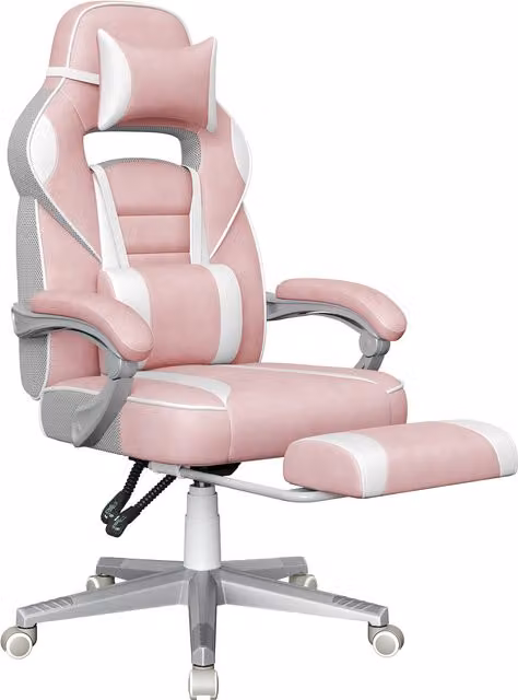 Silla gaming Songmics ergonómica con reposacabezas y reposapiés en rosa y blanco