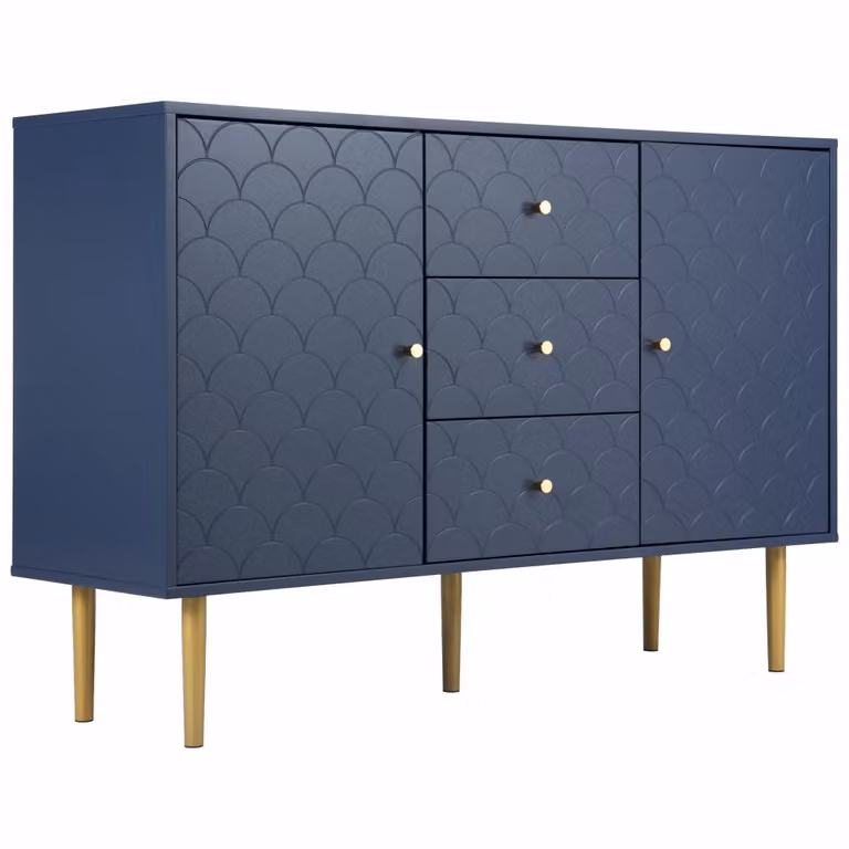 Archivador moderno Urban Meuble con puertas y cajones en azul y dorado con diseño geométrico
