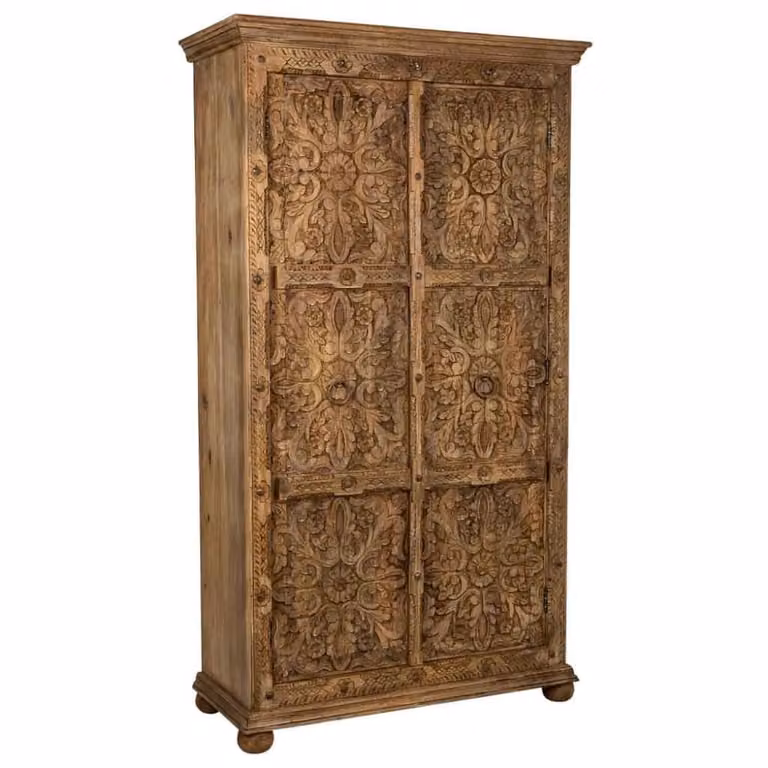 Armario de madera de mango y hierro WANDERLUST con acabado rústico y diseño floral en color marrón An/P/Al: 102 x 44 x 183 cm
