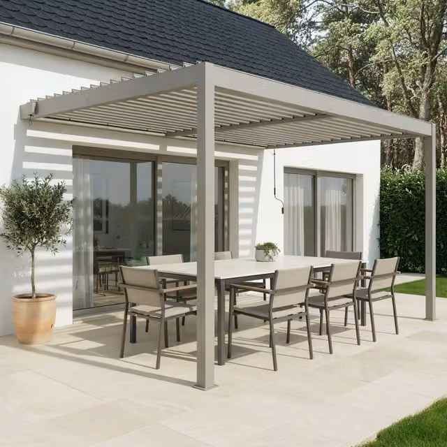 Pérgola bioclimática adosada Piana de CAZEBOO en aluminio color gris con cuchillas orientables An/P/Al: 400 x 300 x 218 cm