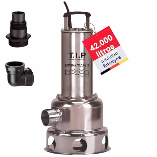 Bomba sumergible de agua sucia extrema T.I.P. 700/16-3 IX en color plata con motor de 3 fases 400 V y caudal de 42.000 l/h