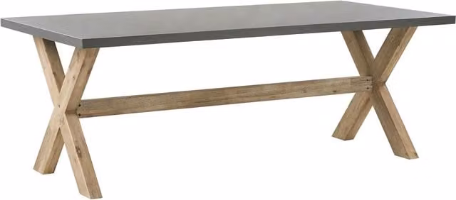Mesa de comedor Olbia de Beliani para jardín o terraza con tablero de cemento gris y patas de madera de acacia, An/P/Al: 200 x 100 x 75 cm