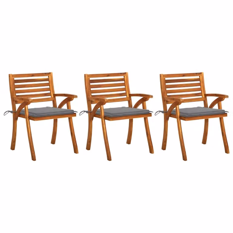 Set de 3 sillas de comedor y jardín Syfax de madera de acacia con cojines grises y reposabrazos