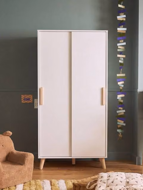 Armario infantil VERTBAUDET de 2 puertas correderas en color blanco con estantes y barra de colgar, An: 90 cm, P: 50 cm, Al: 180 cm
