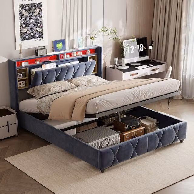 Cama con Canapé Abatible NAHILIMI en Terciopelo Gris con Cabecero de Almacenaje, Toma de Carga 3 en 1 y Tira LED Inteligente, An/P/Al: 160 x 200 x 105 cm
