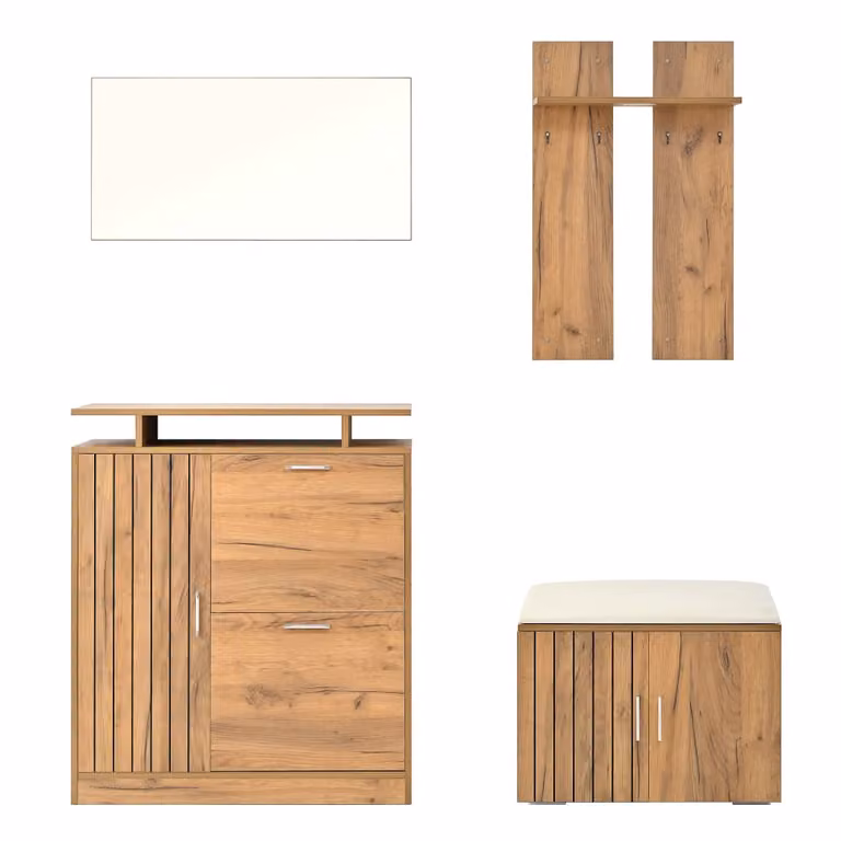 Conjunto de armario de entrada 4 en 1 Urban Meuble en madera y blanco con zapatero, espejo, banco y perchero