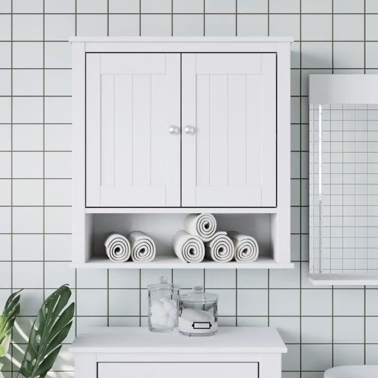 Armario de baño Prolenta blanco de madera de pino con puertas batientes y estantes internos, An/P/Al: 69,5 x 27 x 71,5 cm
