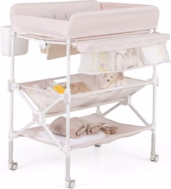 Cambio portátil NORTHIX con altura ajustable, almacenamiento integrado y ruedas, disponible en beige o rosa