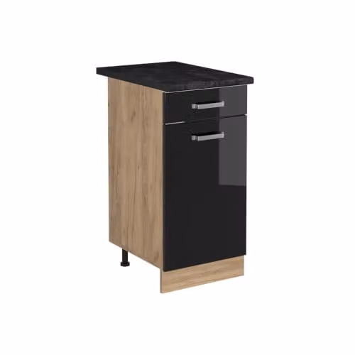 Mueble bajo de cocina para fregadero Vicco R-Line en negro brillo y roble dorado con encimera antracita de 40 cm