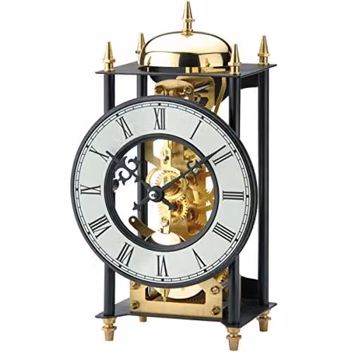 Reloj de mesa analógico mecánico AMS 1180 con caja de música en color negro y dorado con acabado transparente y metal