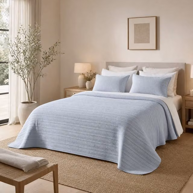 Colcha bouti acolchada reversible Manterol azul de algodón y poliéster para cama de 140 cm