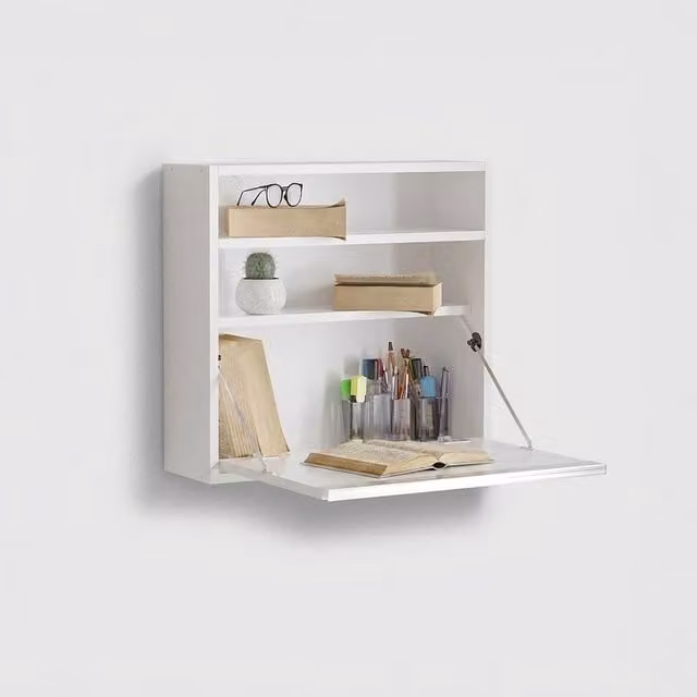 Escritorio de pared plegable EMOB con estantes en color blanco y acabado mate para oficina en casa o dormitorio