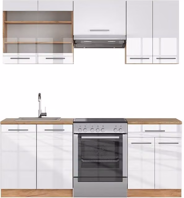 Mueble de cocina Vicco Fame-Line en blanco brillo y roble dorado, An: 200 cm, Al: 101,8 cm, P: 51,6 cm