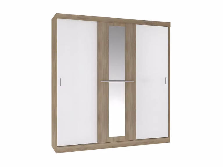 Armario DIDDA de 3 puertas correderas con espejo y cajones en colores blanco, marrón y beige, Ancho: 205 cm, Alto: 219 cm, Profundidad: 51.8 cm