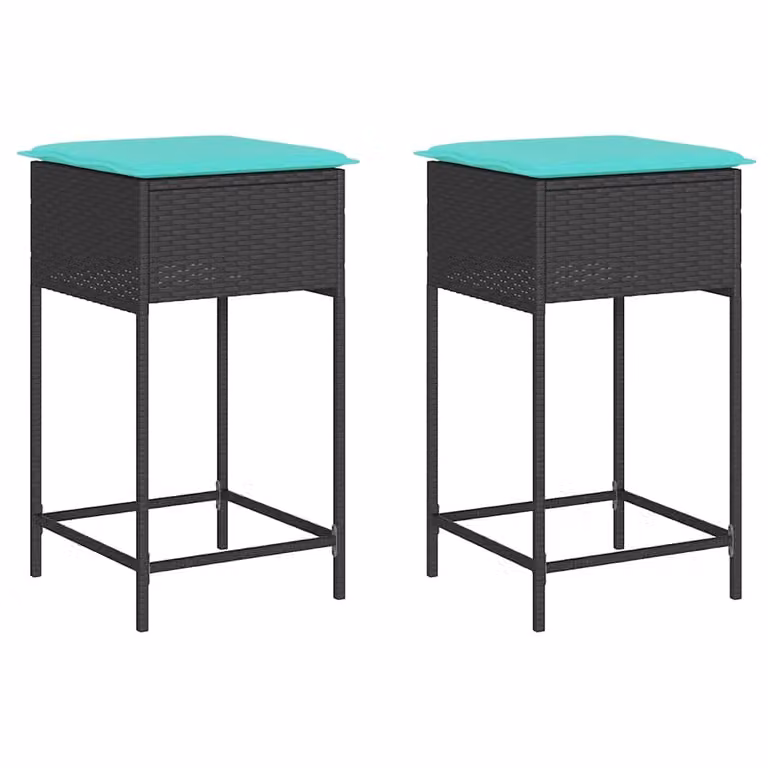 Set de 2 taburetes de jardín vidaXL en poliratán negro con cojines turquesa y estructura de metal