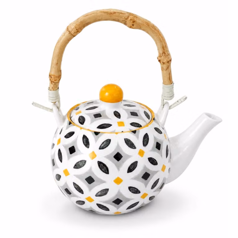 Tetera de cerámica con diseño geométrico y asa de bambú de La Loja de Ana en colores blanco, negro, gris y amarillo, Altura: 22 cm