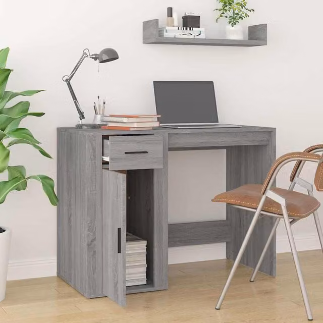 Escritorio de ordenador moderno SYFAX en color gris fabricado en madera MDF, An: 100 cm, P: 49 cm, Al: 75 cm