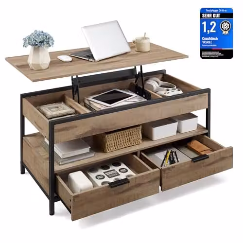VASAGLE Mesa de centro elevable de estilo moderno con cajones de almacenamiento en color marrón y negro