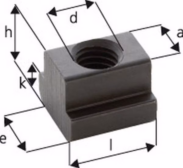 Tuerca para ranuras en T negra M14 x 16 mm con dimensiones de Lado A: 15,7 mm, Lado E: 25 mm, Lado H: 18 mm y Lado K: 9 mm