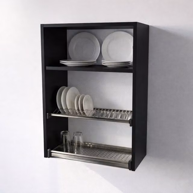 Mueble escurreplatos colgante Calandrelli en color negro con puertas batientes, Al: 60 cm, Al: 90 cm, P: 33 cm