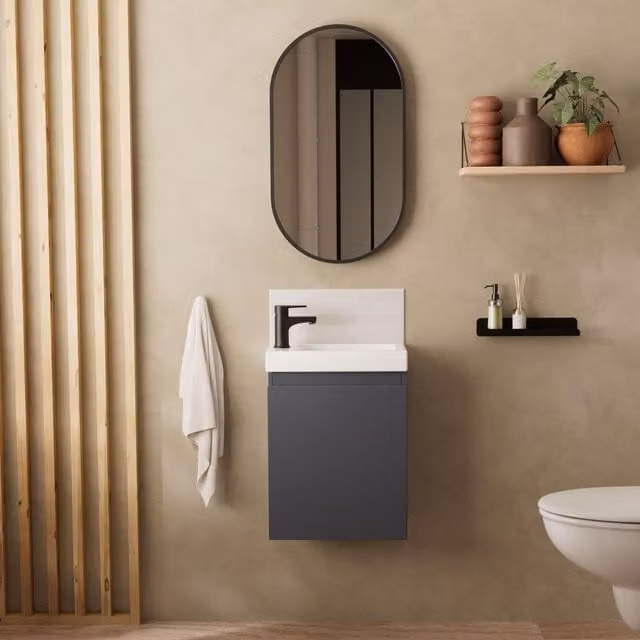 Conjunto de mueble de baño moderno MOB IN con lavabo de cerámica, espejo ovalado y grifo negro mate en colores blanco, gris o negro