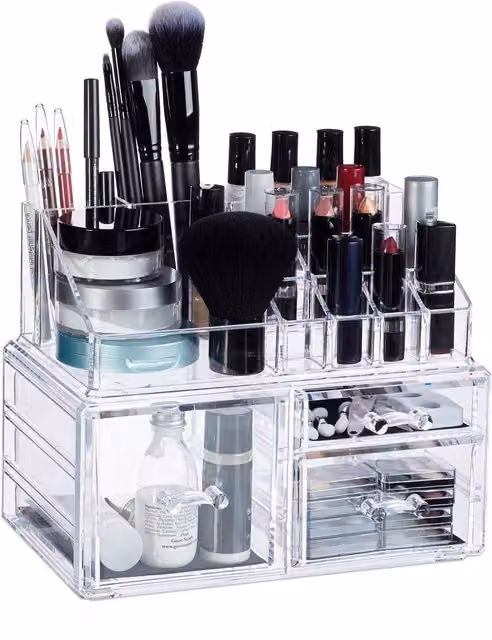 Organizador de maquillaje Relaxdays con 3 cajones de acrílico transparente, An/P/Al: 18,5 x 23,5 x 14 cm