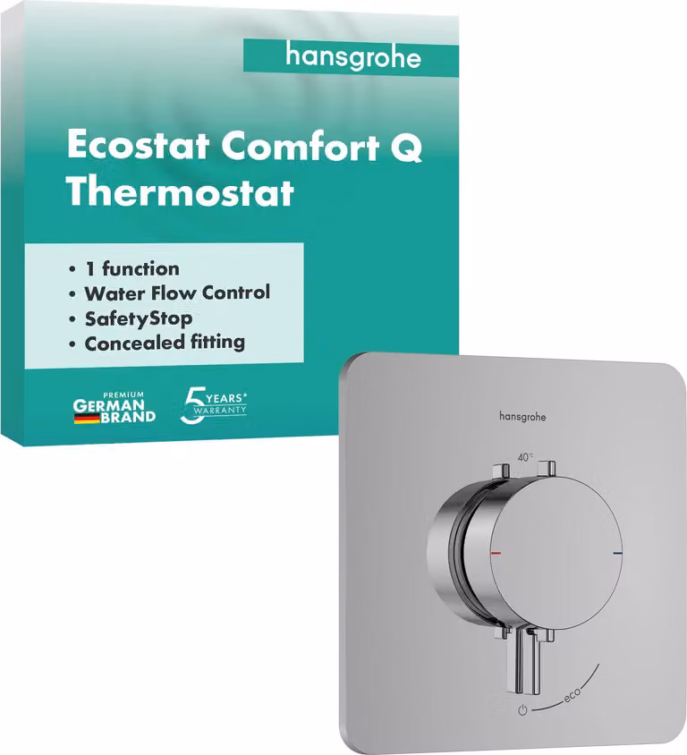 Juego completo de termostato empotrado Hansgrohe Ecostat Comfort Q con botón de seguridad SafetyStop a 40 °C, acabado cromado para ducha de una función