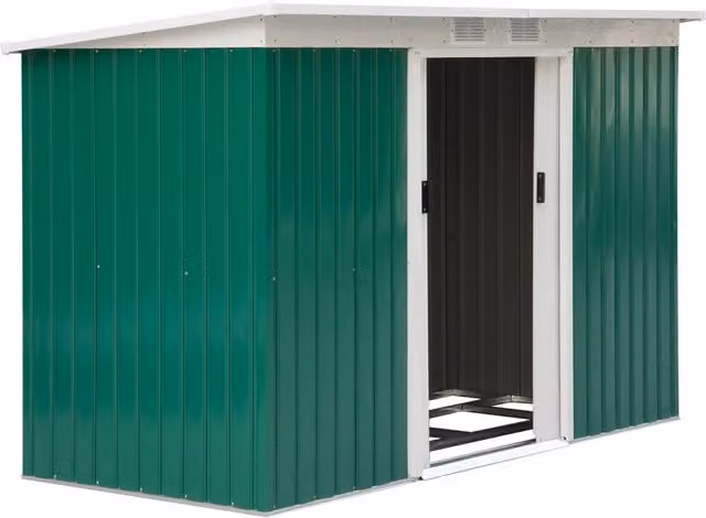 Cobertizo de jardín de acero galvanizado NORTHIX en color verde con puerta corredera y ventilación lateral, An/P/Al: 280 x 130 x 172 cm