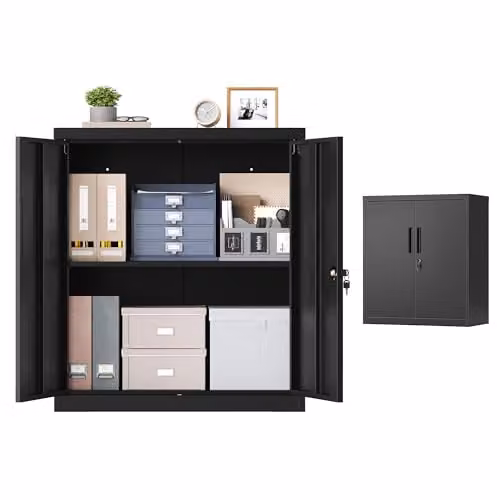 Armario archivador metálico SONGMICS con 2 puertas y cerradura, balda ajustable, color negro, An: 80 cm, P: 40 cm, Al: 90 cm